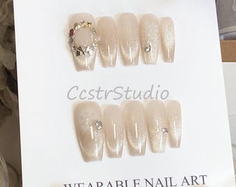 Christmas Snowflake Cat Eye Press On Nails: Handmade Gel Nail Set
