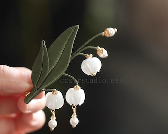 Handmade Lily of the Valley Brooch: Pearl Petal Design