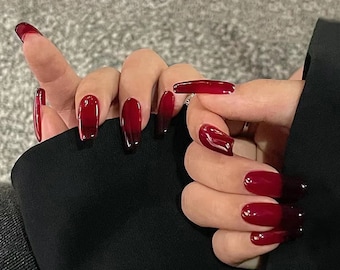 Burgunder Juwel Ton Press On Nails: Handgemachte wiederverwendbare falsche Nägel