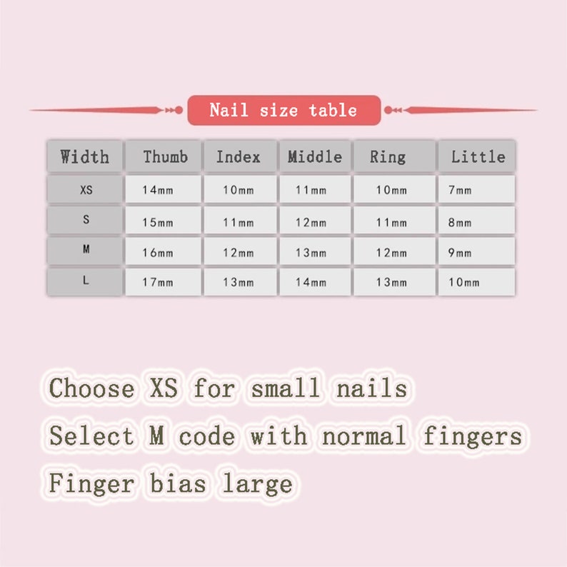 Pode incluir: Uma tabela de tamanhos de unhas com medidas em mil&iacute;metros para o polegar, o indicador, o m&eacute;dio, o anelar e o mindinho. A tabela mostra os tamanhos XS, S, M e L. O texto abaixo da tabela diz "Escolha XS para unhas pequenas", "Selecione o c&oacute;digo M com dedos normais" e "Vi&eacute;s do dedo grande".