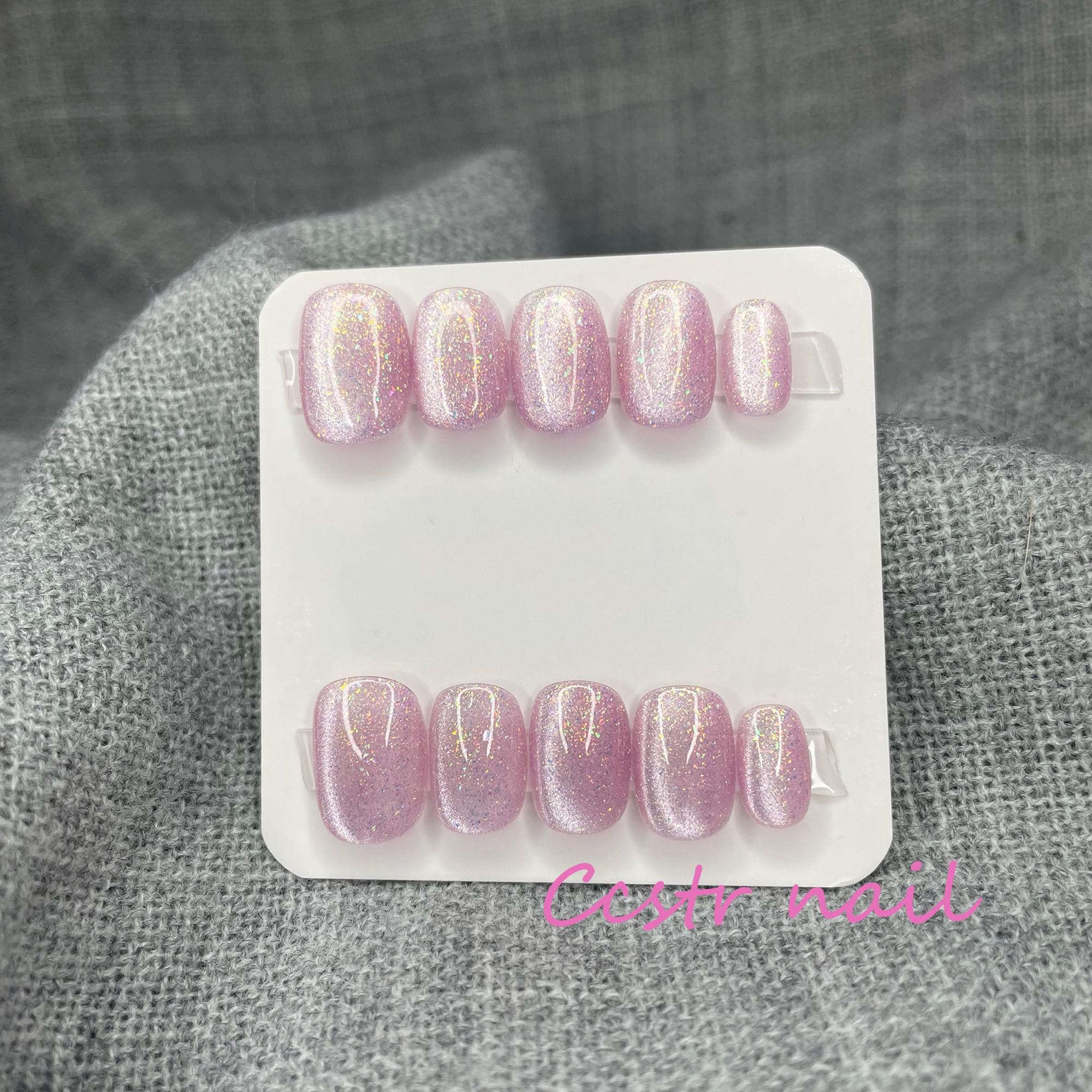 Handmade Pink Cat Eye Press On Nails: Short Gel Nail Art, Reusable