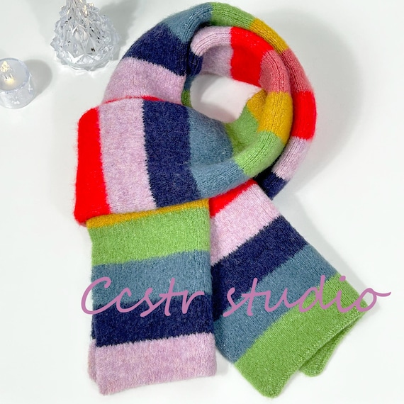 Handmade Mohair Blend Knit Scarf • Color Block Striped Winter
