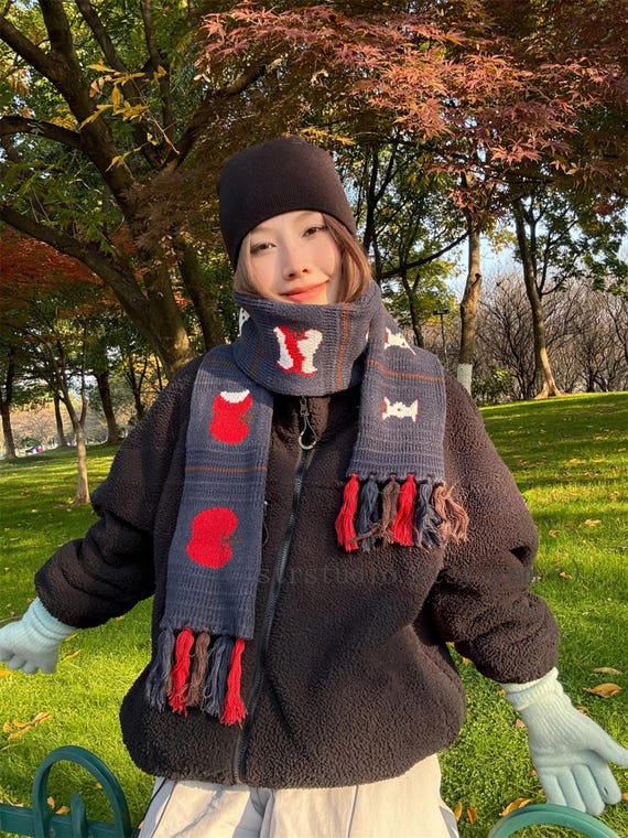 Handmade Navy Knit Apple Scarf: Cozy Winter Tassel Wrap - Etsy