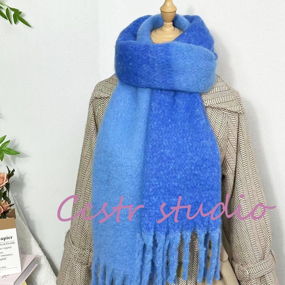 Blue Mohair Scarf: Fuzzy Gradient Fringe Wrap, Winter Shawl - Etsy