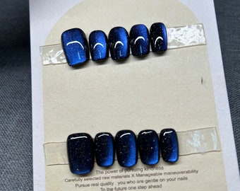Blue Cat Eye Press On Nails: Glitter Galaxy Short Square Manicure