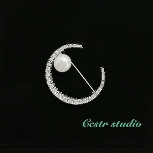 Crescent Moon Pearl Brooch: Zircon Star Silver Lapel Pin
