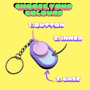 Puede incluir: Un llavero con una carcasa morada, un botón rosa y una sección interior blanca. El llavero tiene una cadena y un anillo plateados. El texto en la parte superior dice "CHOOSE YOUR COLOURS". La imagen está sobre un fondo amarillo.
