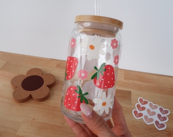 Strawberry Fields Valentine Glass Can Cup | clear cups, iced coffee, cute drinks, glassware, strawberries cup