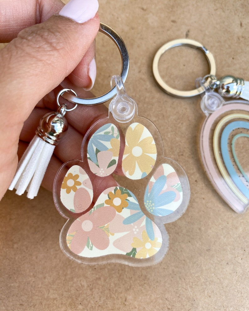 Floral Paw Keychain Flower Acrylic Keychain Tassel Created Etsy
