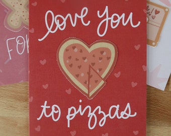 Love You To Pizzas Valentine Sticker Card | heart notecard, galentine card, love card, card for friends