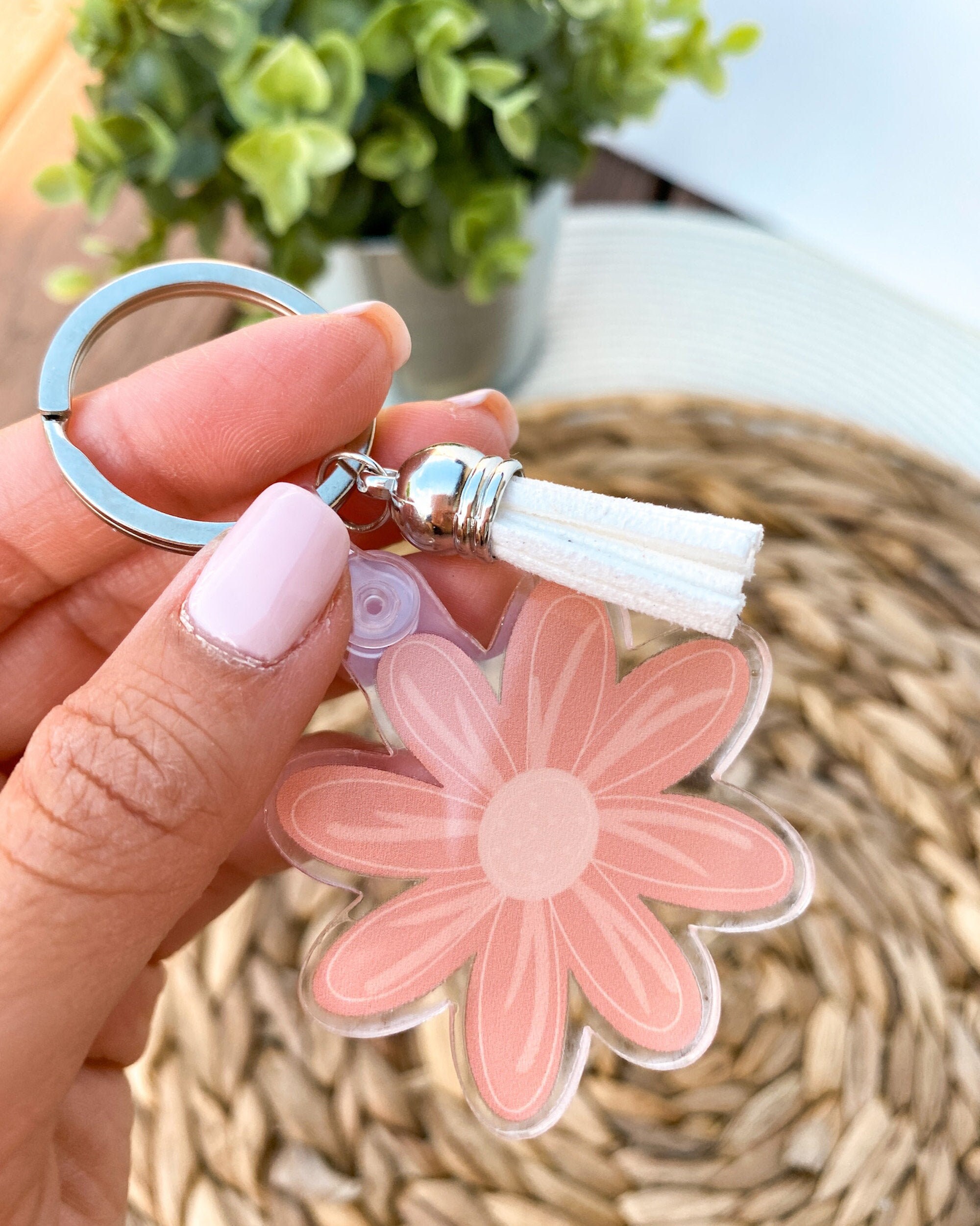 Bloom Pink Flower Keychain Flower Acrylic Keychain Tassel Etsy