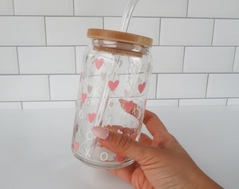 Valentine XOXO Hearts - Pink Valentine Glass Can Cup | clear cups, iced coffee, cute drinks, glassware, xo love mug