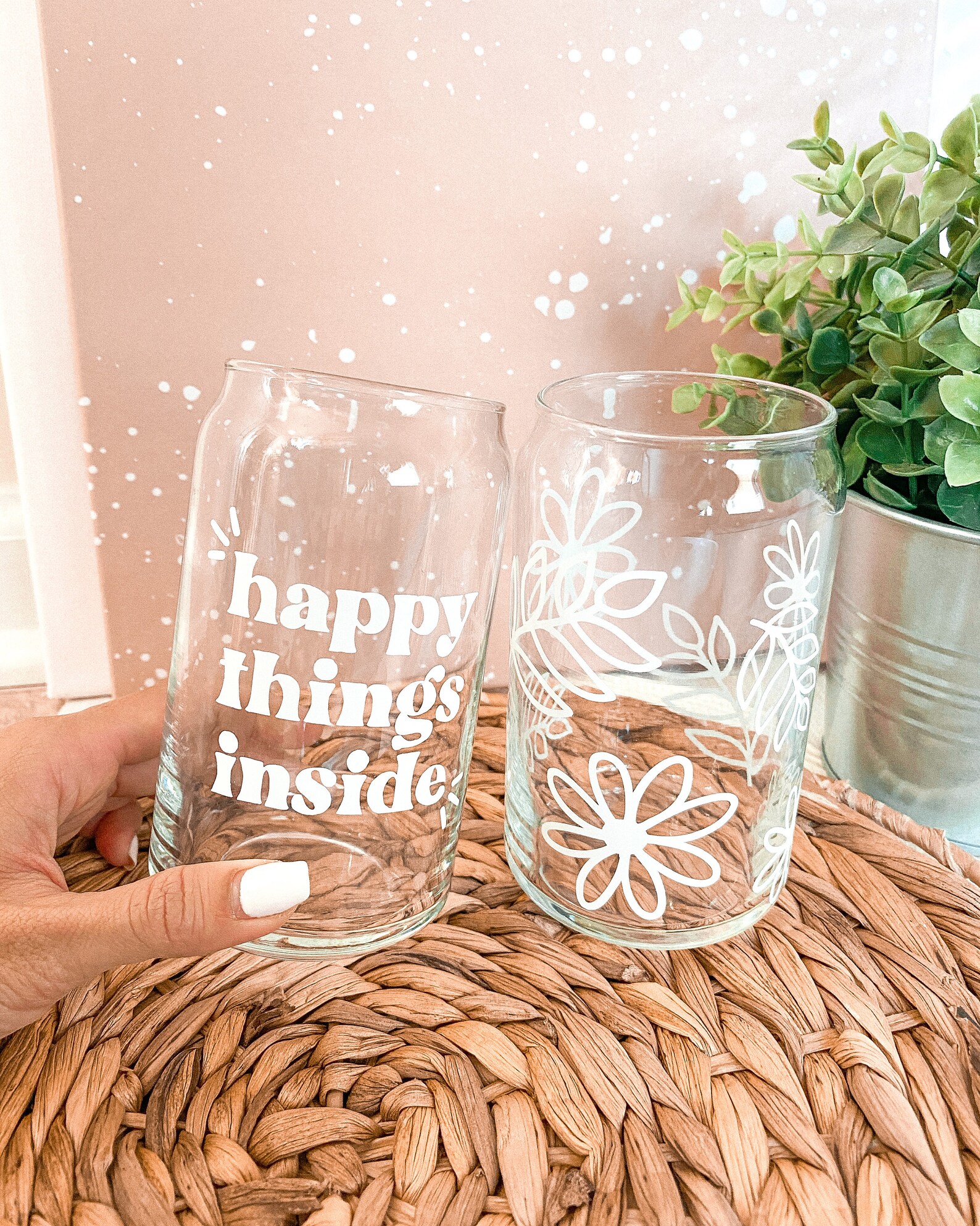 SET OF 2 GLASS Cans Bloom and Happy Things Inside Cup Floral Etsy