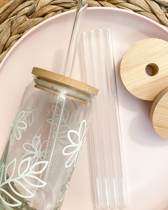 Drinking Glass Cups with Bamboo Lids and Glass Straws Reusable