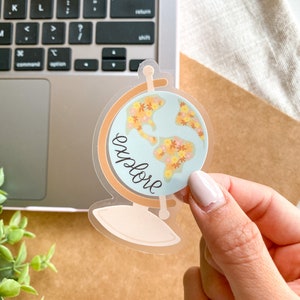 HELDERE wereldbol bloemensticker | Sticker bloem, sticker Adventure Explore, sticker buiten, waterdichte sticker, doorzichtige vinylsticker