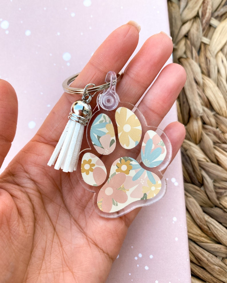 Floral Paw Keychain Flower Acrylic Keychain Tassel Created Etsy