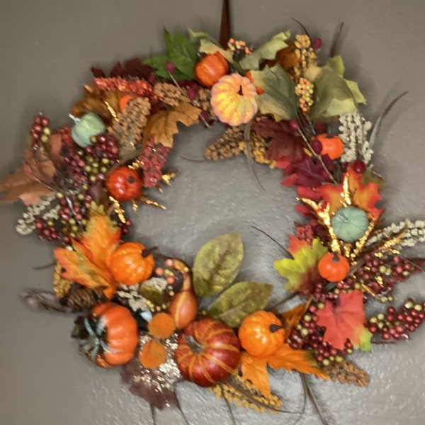 Harvest pumpkin hoop wreath, front door wreath, Halloween wreath, fall wreath, fall decor, gourd wreath, Autumn, Thanksgiving centerpiece