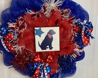 Americana wreath, dog wreath, front door wreath, summer wreath. Patriotic wreath, Housewarming gift, dog lover, Whimsical