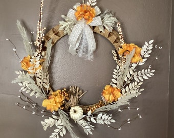 White fall foliage wreath, brilliant golden orange hydrangeas, white pumpkin,front door,wall decor