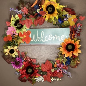Multi-colored sunflower wreath, grapevine wreath, front door wreath, welcome wreath,  housewarming, birthday gift