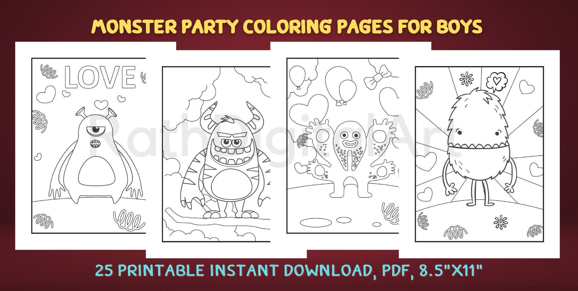 Monster Party Coloring Pages for Boys 25 Printable Instant | Etsy