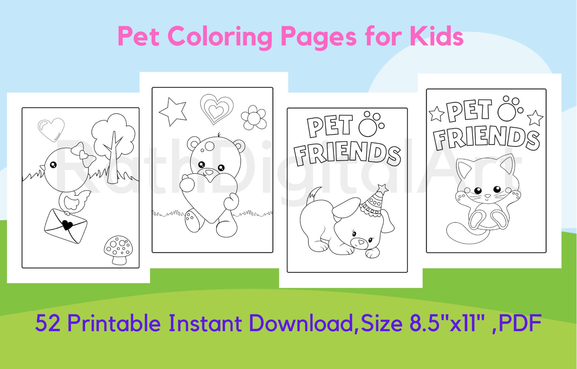 Pet Coloring Pages for Kids 52 Printable Cute Dog & Cat Etsy