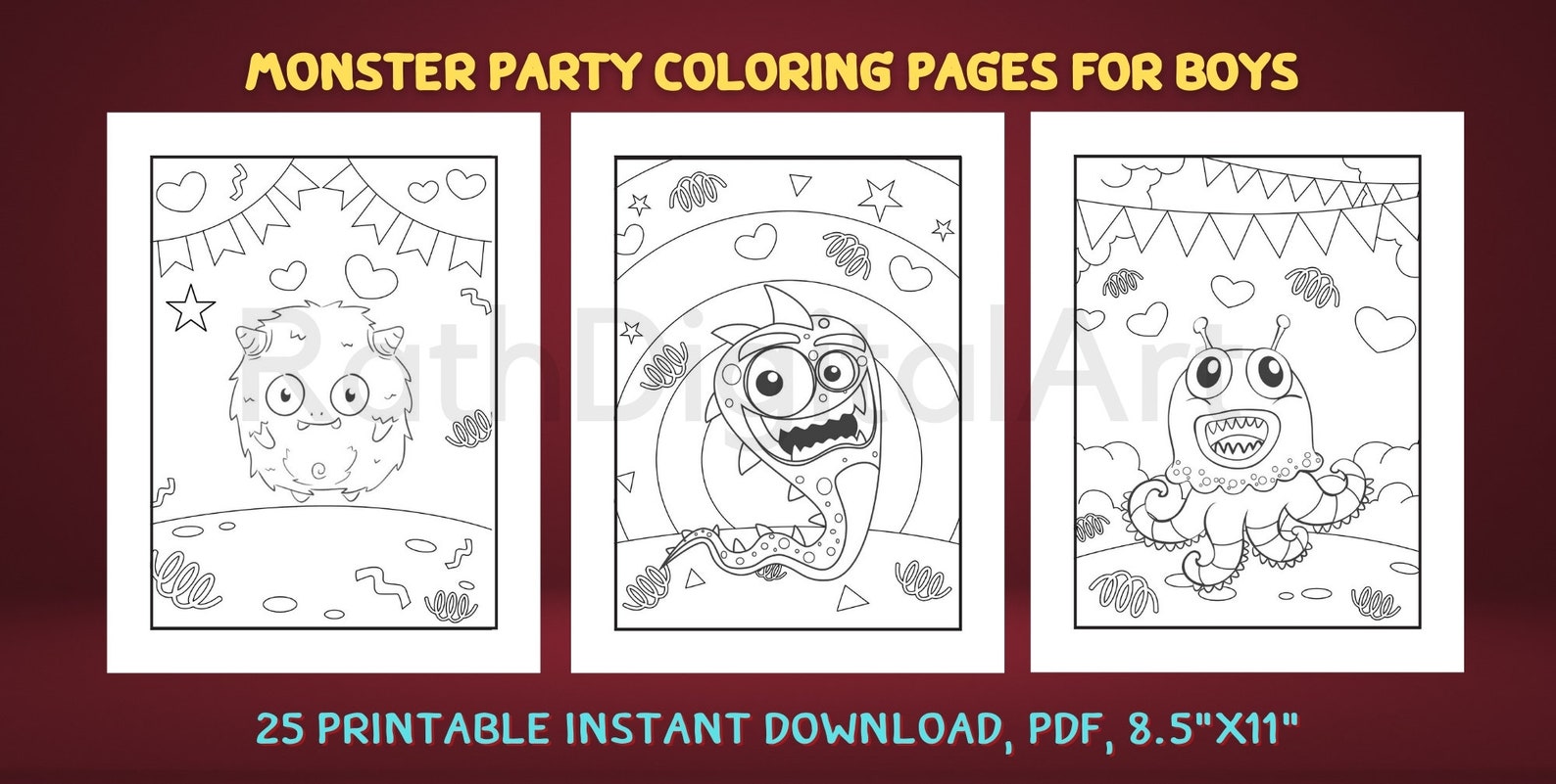 Monster Party Coloring Pages for Boys 25 Printable Instant | Etsy