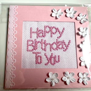 Carte de joyeux anniversaire rose fleur point de croix fait main