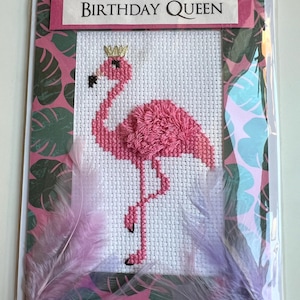 Carte d'anniversaire flamant rose au point de croix fait main