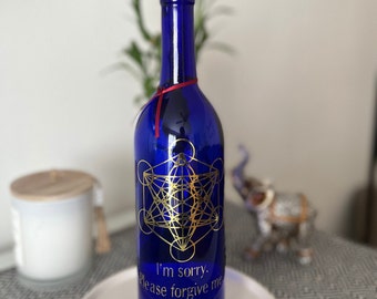 Blue solar water bottle, reusable, 750ml Ho'ponopono, metatron cube, Solarized water, Sun energized water, with cap, gift packaging.