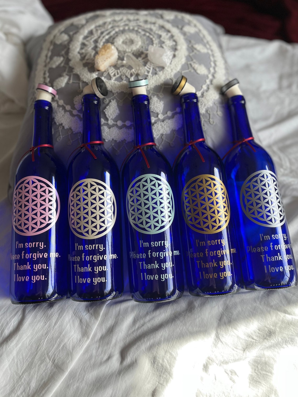 Blue Solar Water Bottle, Reusable, 750ml Ho'ponopono, Flower of Life