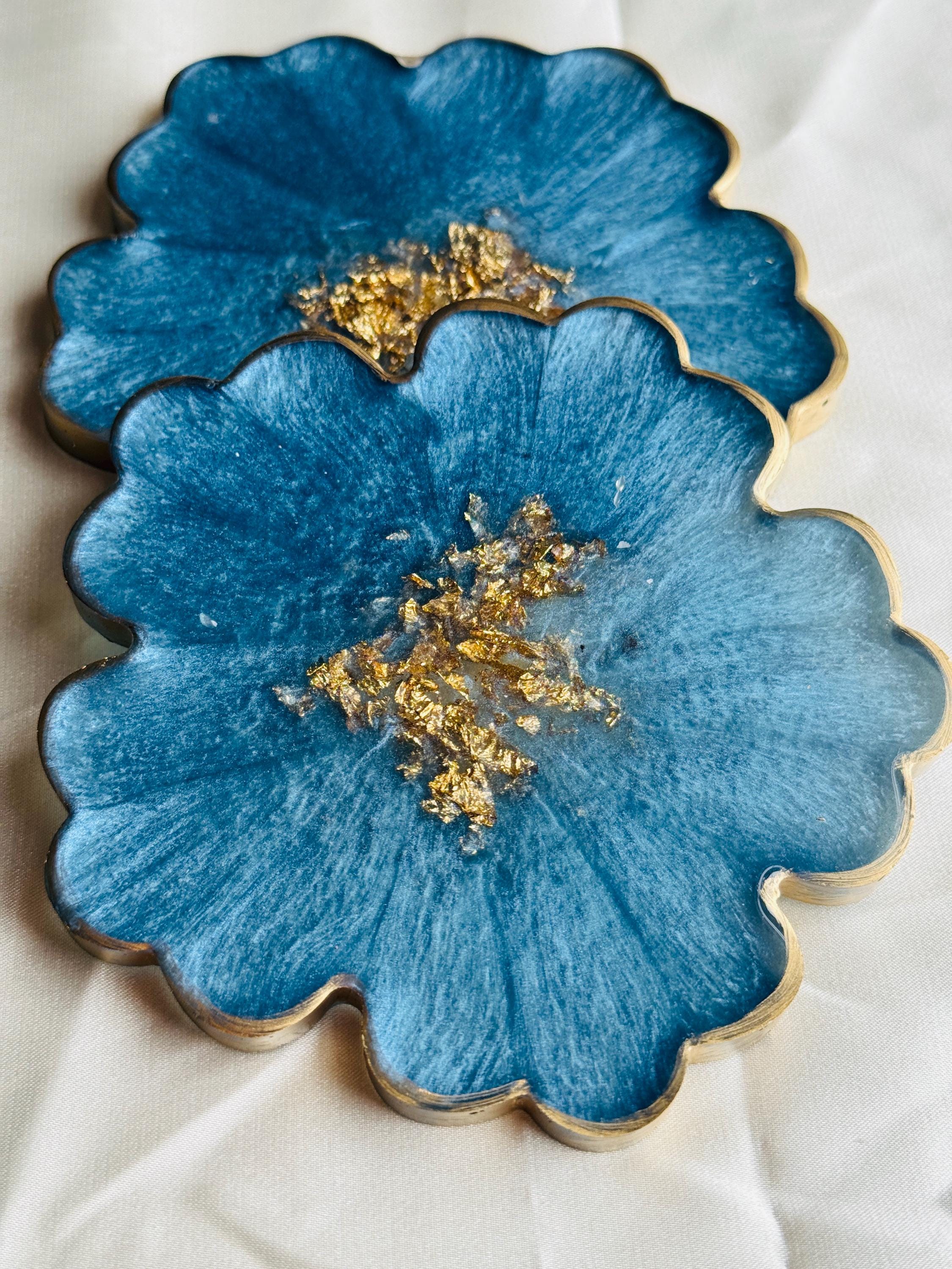 Ocean Blue Resin Coasters, Flower Drink Coasters, Ice Blue & Gold Agate ...