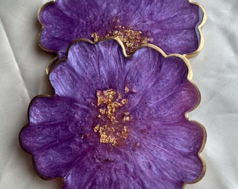 Lila amethist hars onderzetters, bloemenonderzetters, paarse en gouden onderzetters in agaatstijl, handgemaakt salontafeldecor, housewarmingcadeau