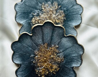 Silbergraue Harz-Untersetzer, blumenförmige Getränkeuntersetzer, graue & goldene Untersetzer im Achat-Stil, handgefertigte Kaffeetischdekoration, Einweihungsgeschenk
