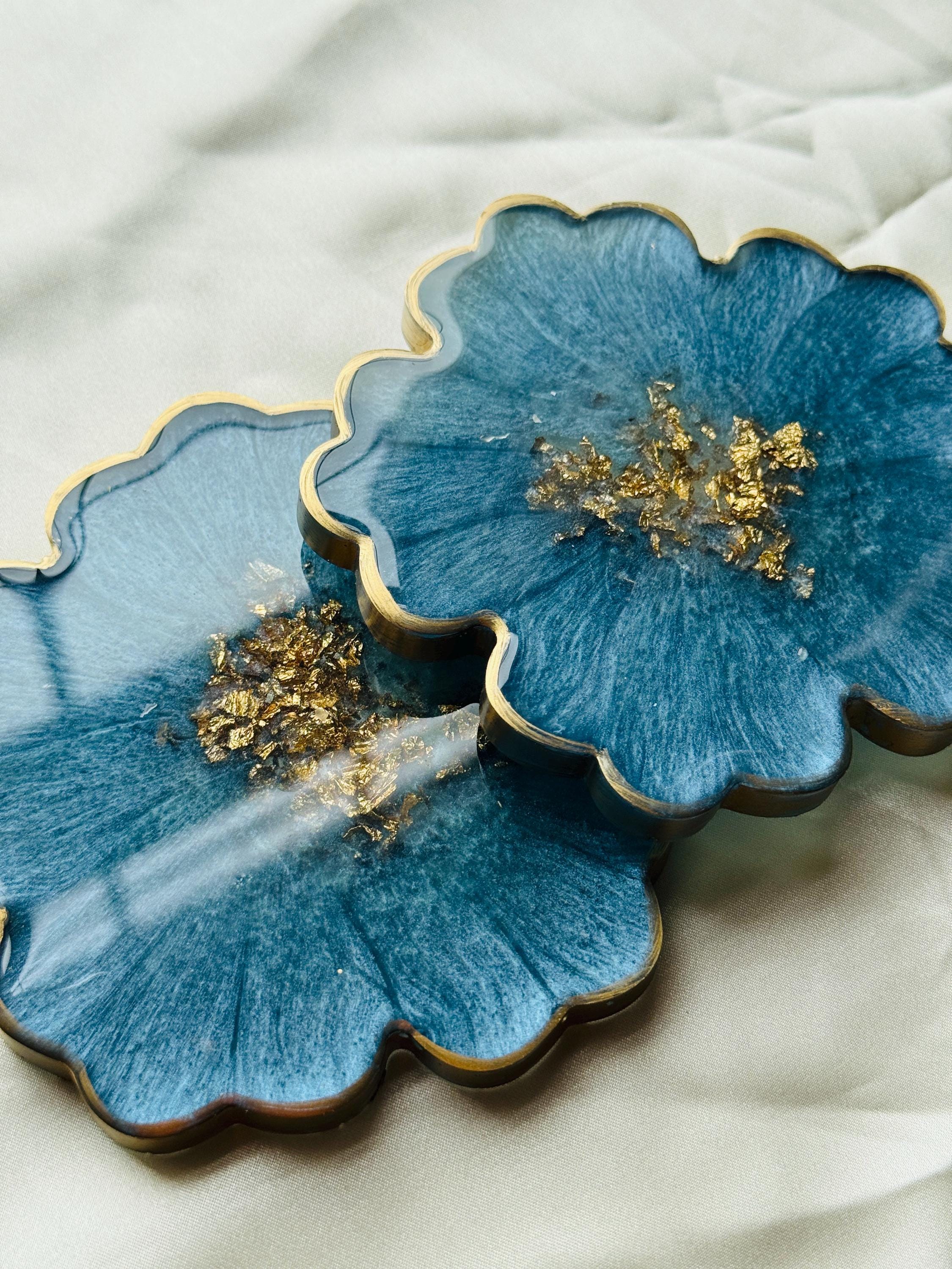 Ocean Blue Resin Coasters, Flower Drink Coasters, Ice Blue & Gold Agate ...