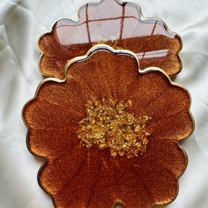 Resin Flower Shaped Coasters, Bronze Copper Coaster Set, Home Decor, Coffee and Wine Coaster, Bronze Copper & Gold Flower Shaped Coasters