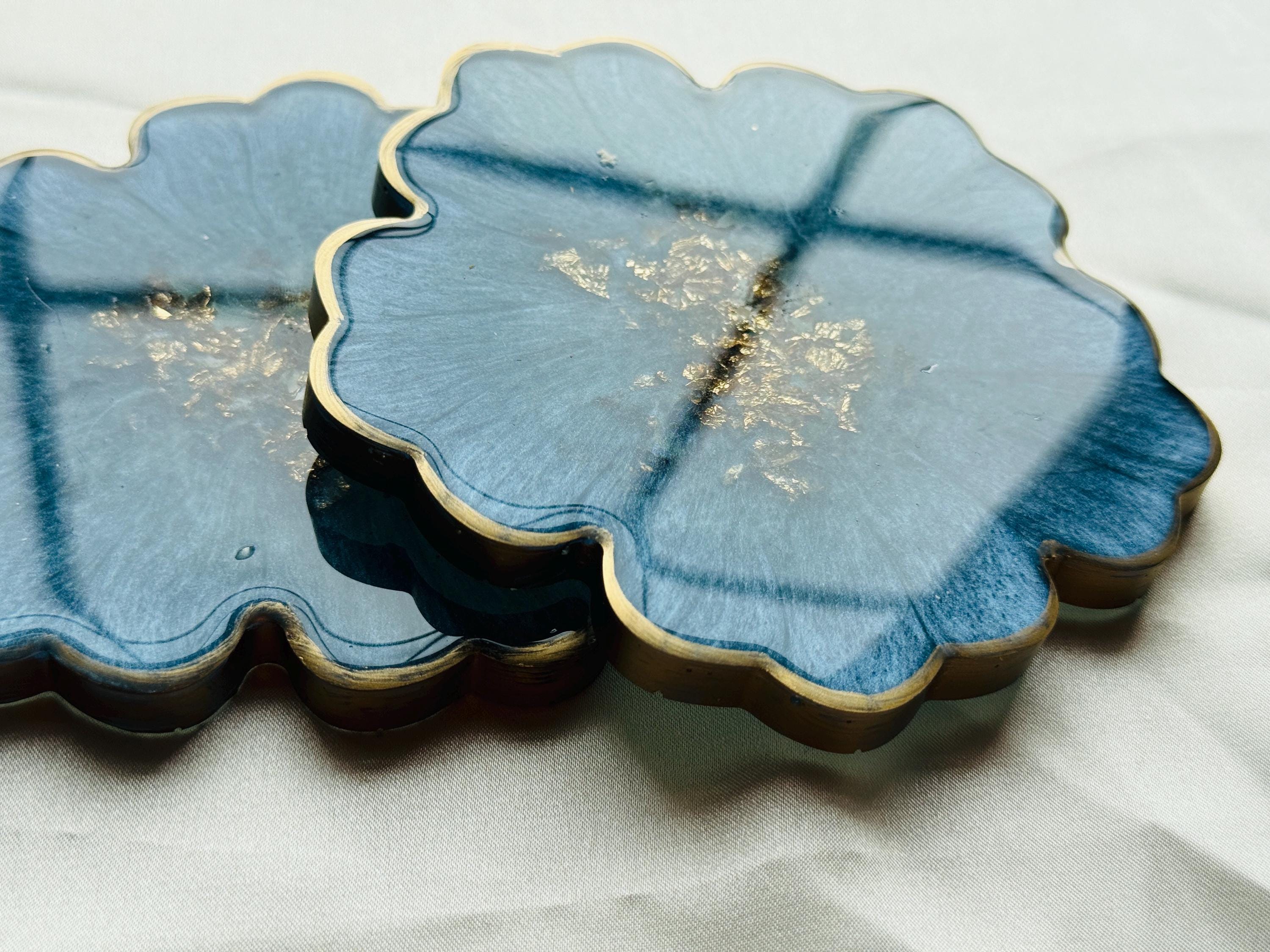 Ocean Blue Resin Coasters, Flower Drink Coasters, Ice Blue & Gold Agate ...