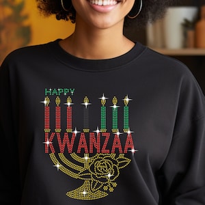 Kwanzaa  gifts for women, Rhinestone shirt for Kwanzaa, Bling Holiday Sweatshirt for her, kinara kwanzaa, sparkly kwanzaa sweater gift for