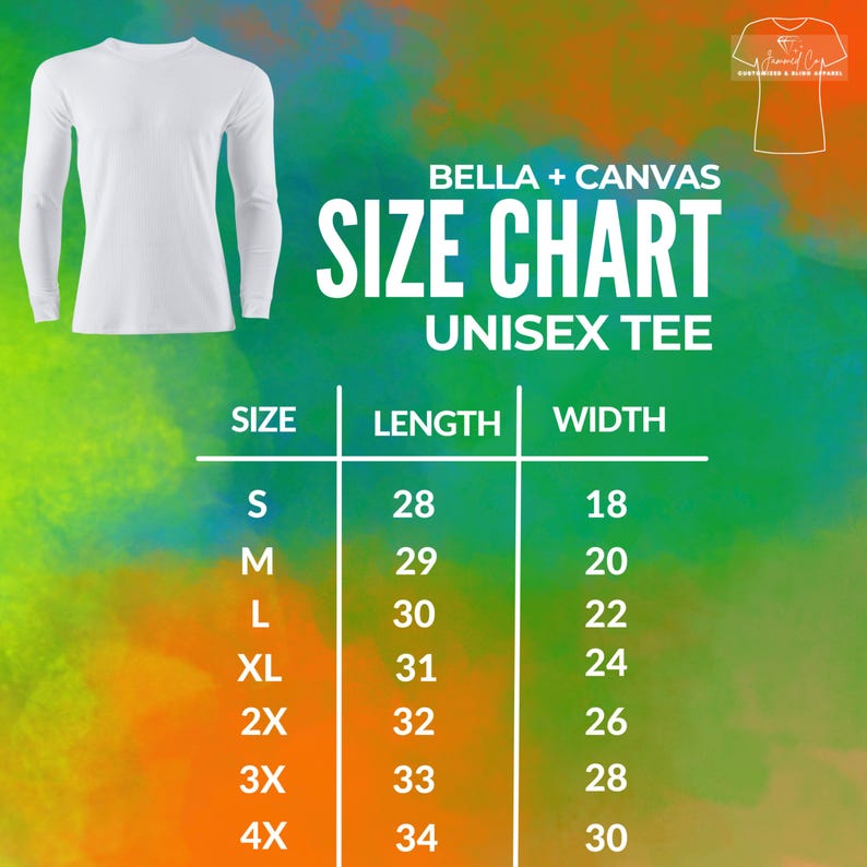 K&ouml;nnte beinhalten: Wei&szlig;es Unisex-Langarm-T-Shirt mit Gr&ouml;&szlig;entabelle. Die Gr&ouml;&szlig;entabelle zeigt die L&auml;ngen- und Breitenma&szlig;e in Zentimetern f&uuml;r die Gr&ouml;&szlig;en S bis 4XL. Der Text "BELLA + CANVAS" und "UNISEX TEE" sind ebenfalls sichtbar.