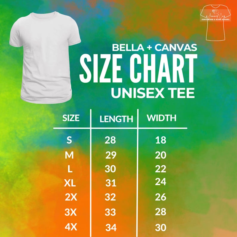 K&ouml;nnte beinhalten: Ein wei&szlig;es Unisex-T-Shirt neben einer Gr&ouml;&szlig;entabelle. Die Gr&ouml;&szlig;entabelle gilt f&uuml;r Bella + Canvas Unisex-T-Shirts und listet die Gr&ouml;&szlig;en S bis 4XL auf, mit L&auml;ngen- und Breitenma&szlig;en in Zentimetern.