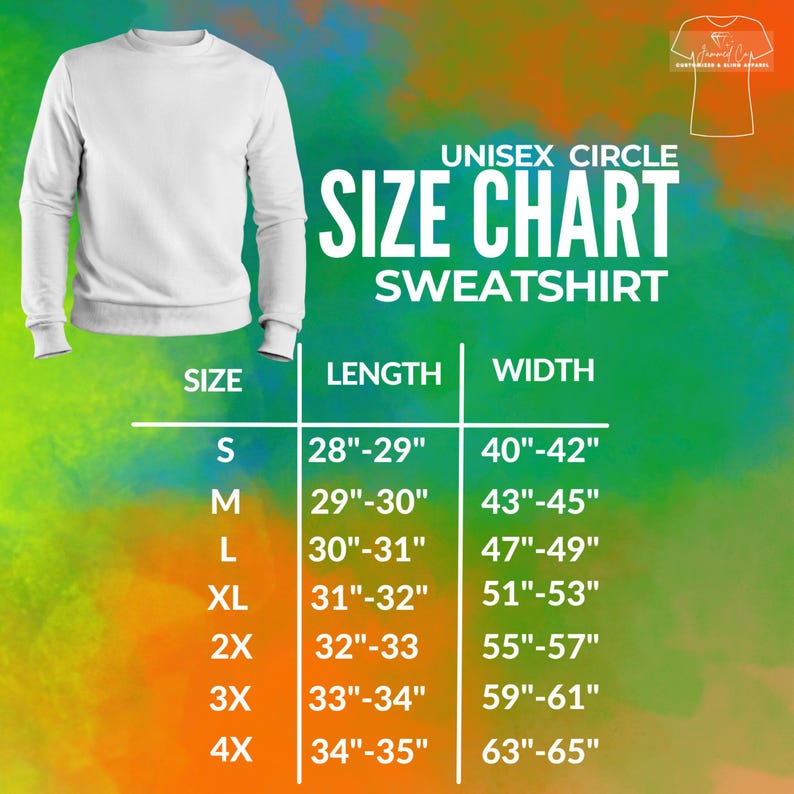 K&ouml;nnte beinhalten: Wei&szlig;es Unisex-Sweatshirt mit Gr&ouml;&szlig;entabelle. Die Tabelle zeigt die Ma&szlig;e f&uuml;r L&auml;nge und Breite in Zentimetern, von Gr&ouml;&szlig;e S bis 4X. Das Sweatshirt ist auf der linken Seite des Bildes abgebildet.