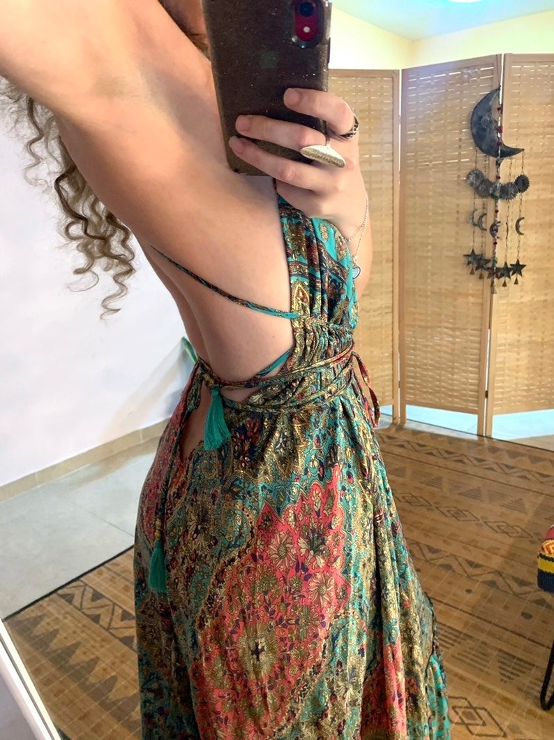 Abito boho di lusso abbinato / abito con schiena scoperta e set kimono con maniche a campana / abito setoso reale / abito hippie Boho in 2 pezzi / rave immagine 4