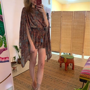 Bohemian colourful stretch shorts and poncho set | two piece  boho set | luxury vacation look | hippie two piece set | party outfit | rave