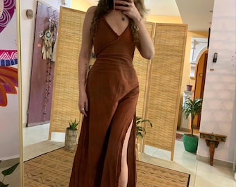 Natural  cotton slit long dress | bohemian dress | Ethnic dress | boho plain maxi dress | spaghetti summer dress | goddess dress