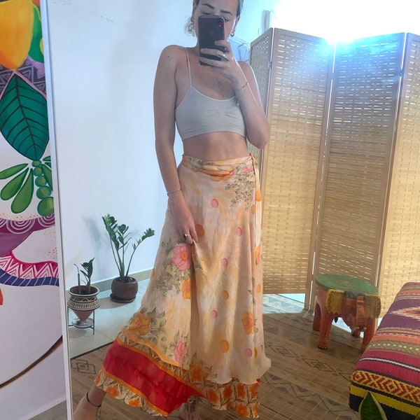 Bohemian silk one of a kind wrap skirt | two in one maxi long skirt | free loss size | earth goddess style | hippie vintage ware | Unique