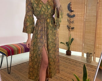 Bohemian side cut long bell sleeve backless dress | | side slit dress |midi summer dress | hippie style | open back boho dress| formal dress