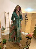 Silky turquoise and sparkly gold goddess long dress with midi bell sleeve | bohemian maxi dress | gypsy flowy dress | boho clothing for woma product logo