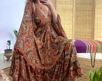 Goddess outfit dress and kimono see | bohemian royal set | backless sexy dress | loss size | luxury vacation dress| two piece set bell sleev