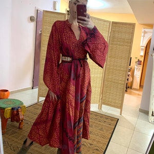 Bell sleeve on of a kind silk flow maxi bohemian dress bohemian hippie dress long sleeve dress bright colors oversize boho maxi dres image 2