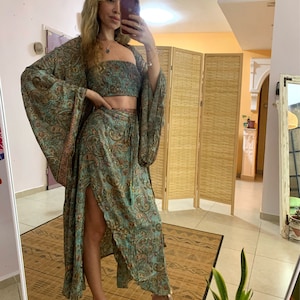 Bohemian silky matching set strapless top slit skirt and bell sleeve kimono | royal luxury outfit | hippie evening set | vacation holiday |